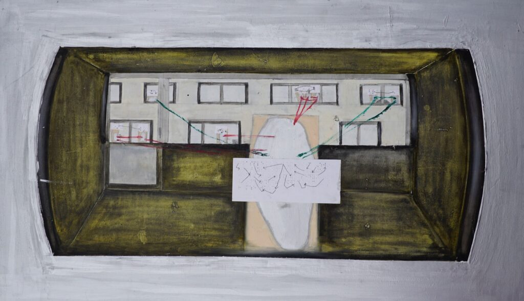 bild 1 der blick naus meinem fenster, 60x100cm, mischtechnik auf holz, 2012